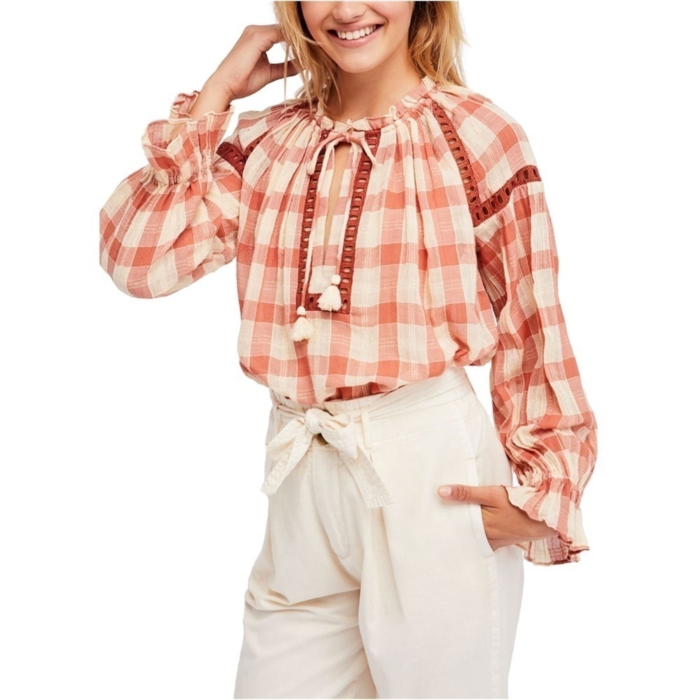 Free People | Honey Groove Plaid Top Womens L Beige Long Sleeve Knit Blouse - Picture 2 of 13